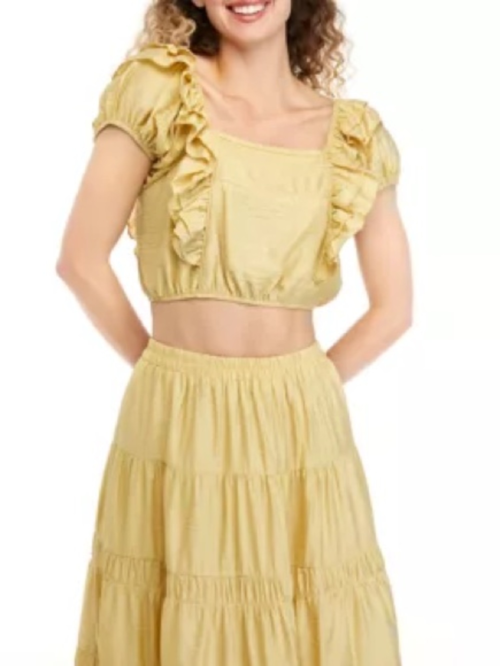Moon River Golden Mustard Ruffle Sleeve Crop Top NEW